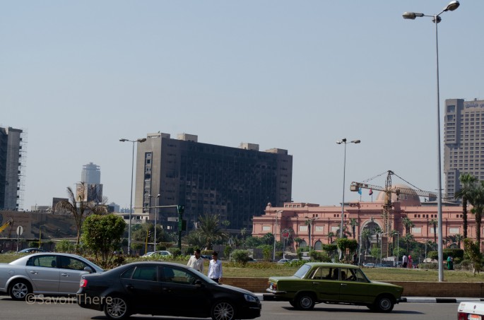 Tahrir Square and burned out buildings