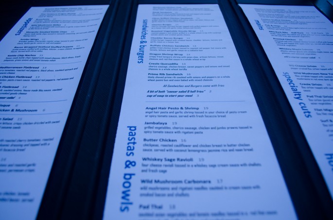 The menu at Blu