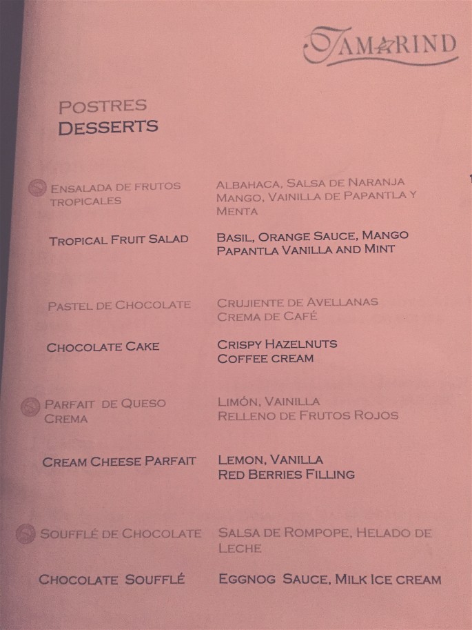 The dessert menu at tamarind