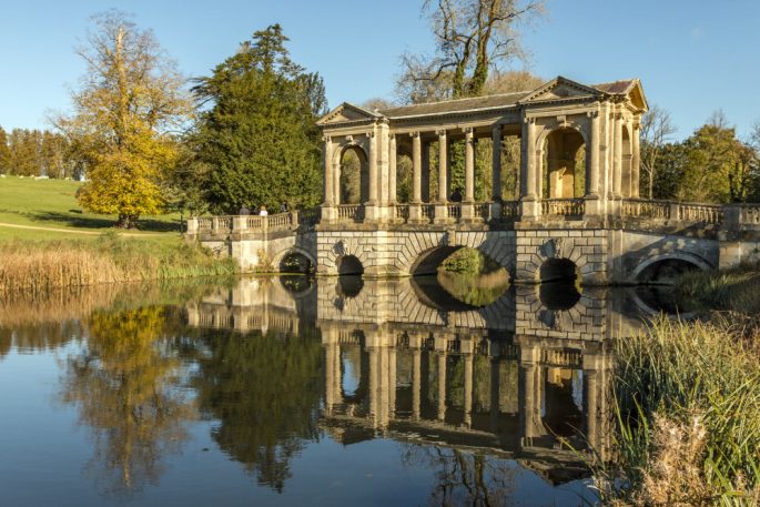 The Palladian Bridge in autumn at Stowe, Buckinghamshire