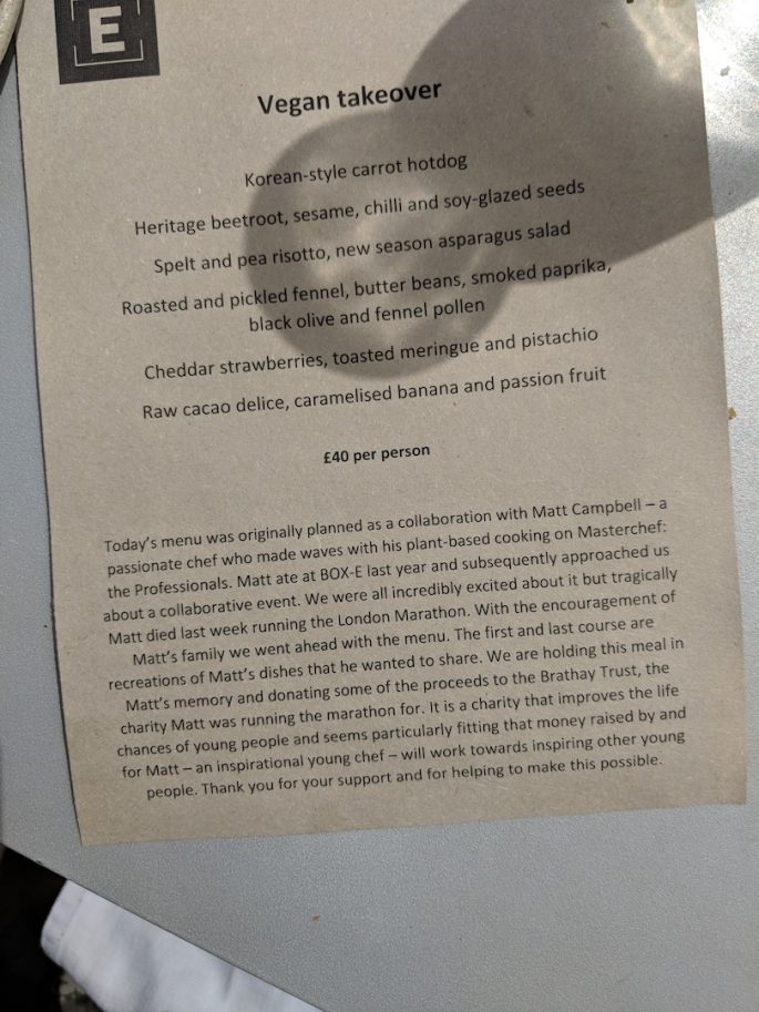 Vegan menu in memory of Matt Campbell