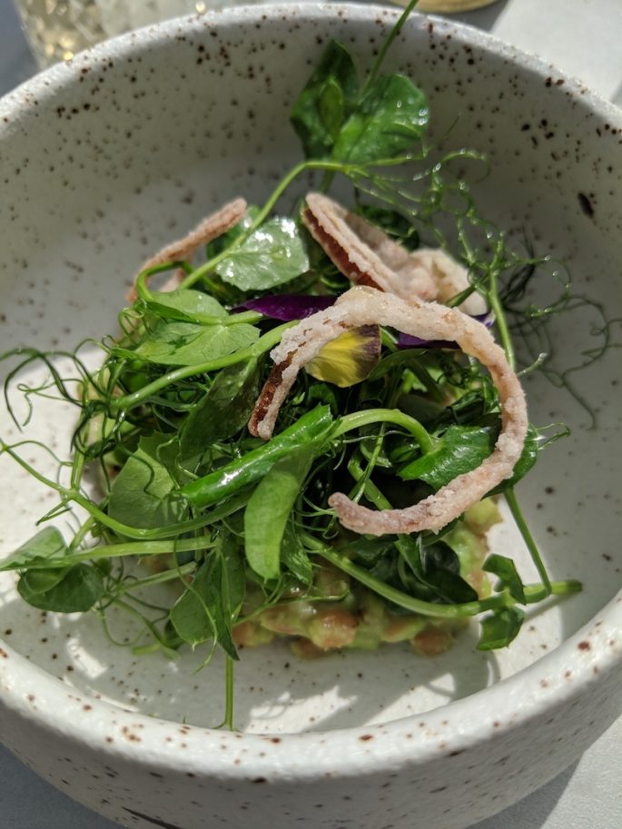 Spelt and pea risotto, new season asparagus salad