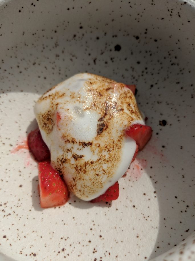Cheddar strawberries, toasted meringue and pistachio