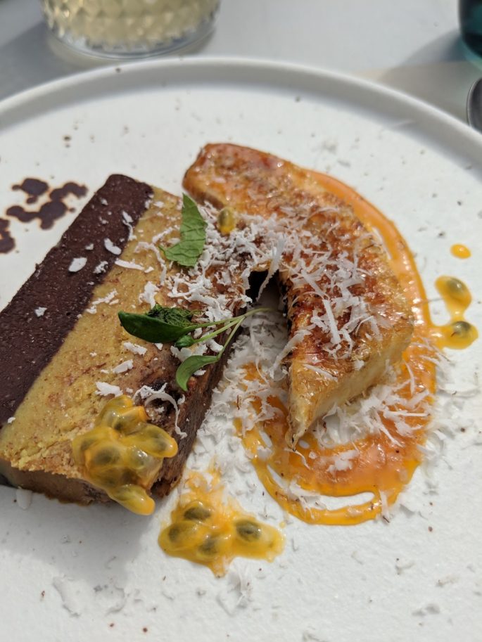 Raw cacao delice, caramelised banana and passion fruit