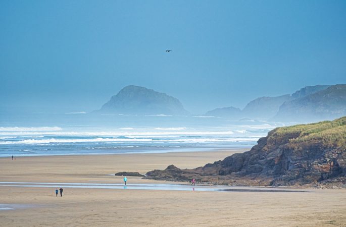 Perranporth Beach with blue skies on a cold winter day