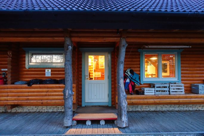 log cabin at dusk