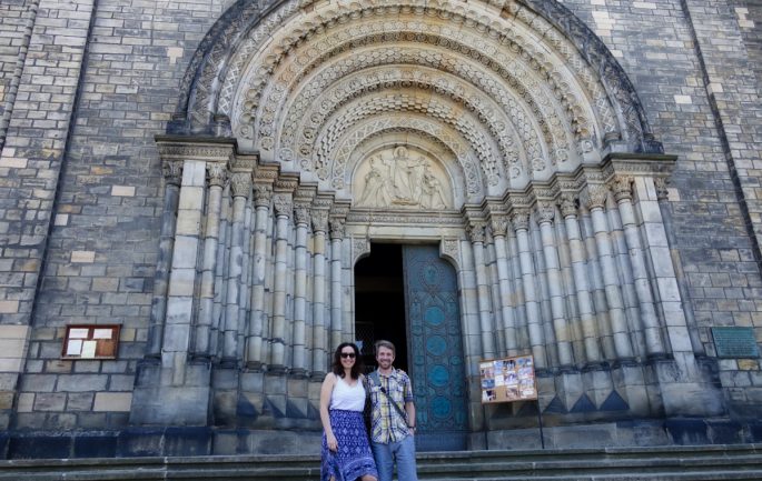 Jaillan of Savoirthere and guide Michal outside a church in Prague