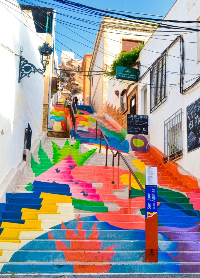 Brightly painted steps with whitewashed houses